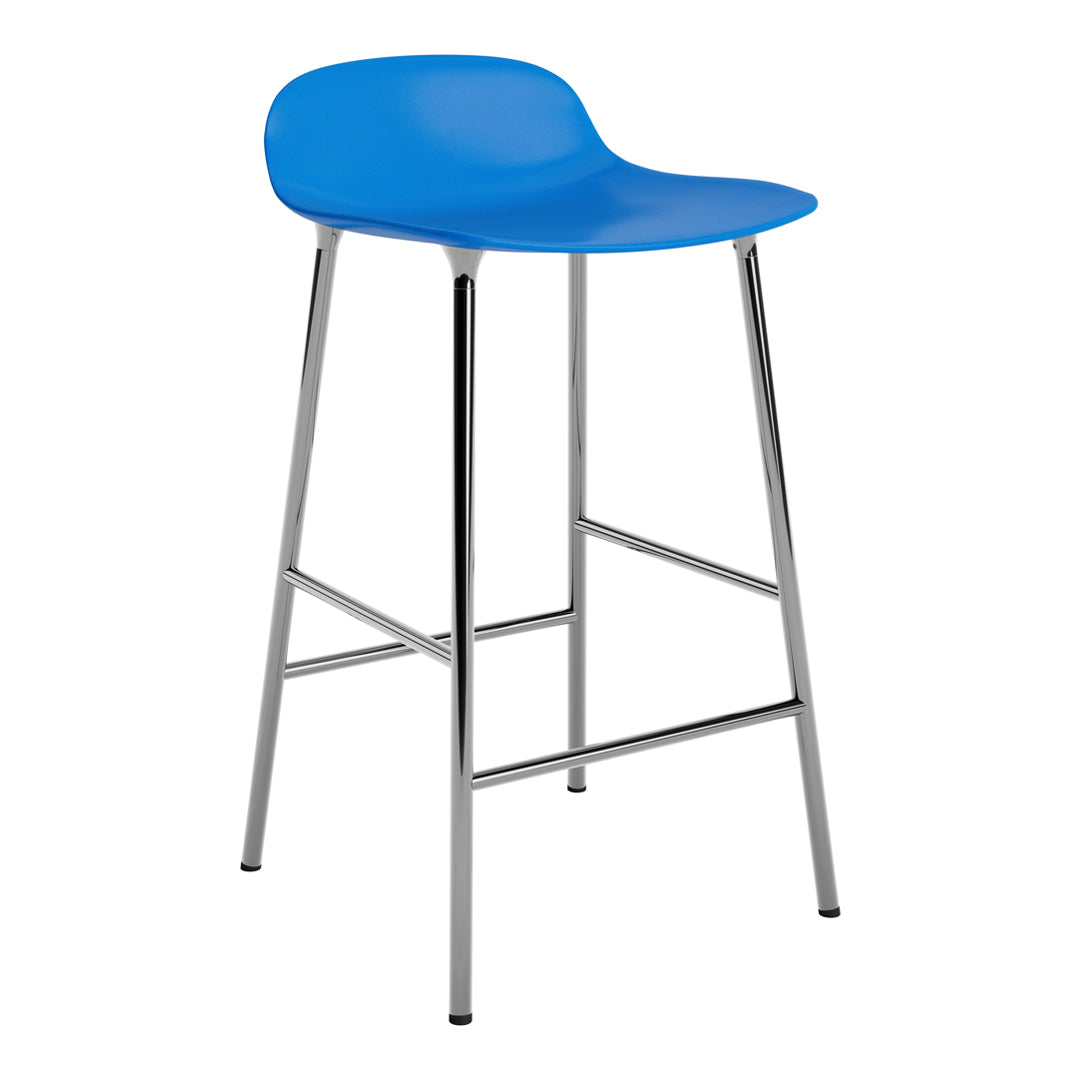 Bright blue bar stool with a sleek, modern design and chrome legs. Perfect for contemporary spaces.
