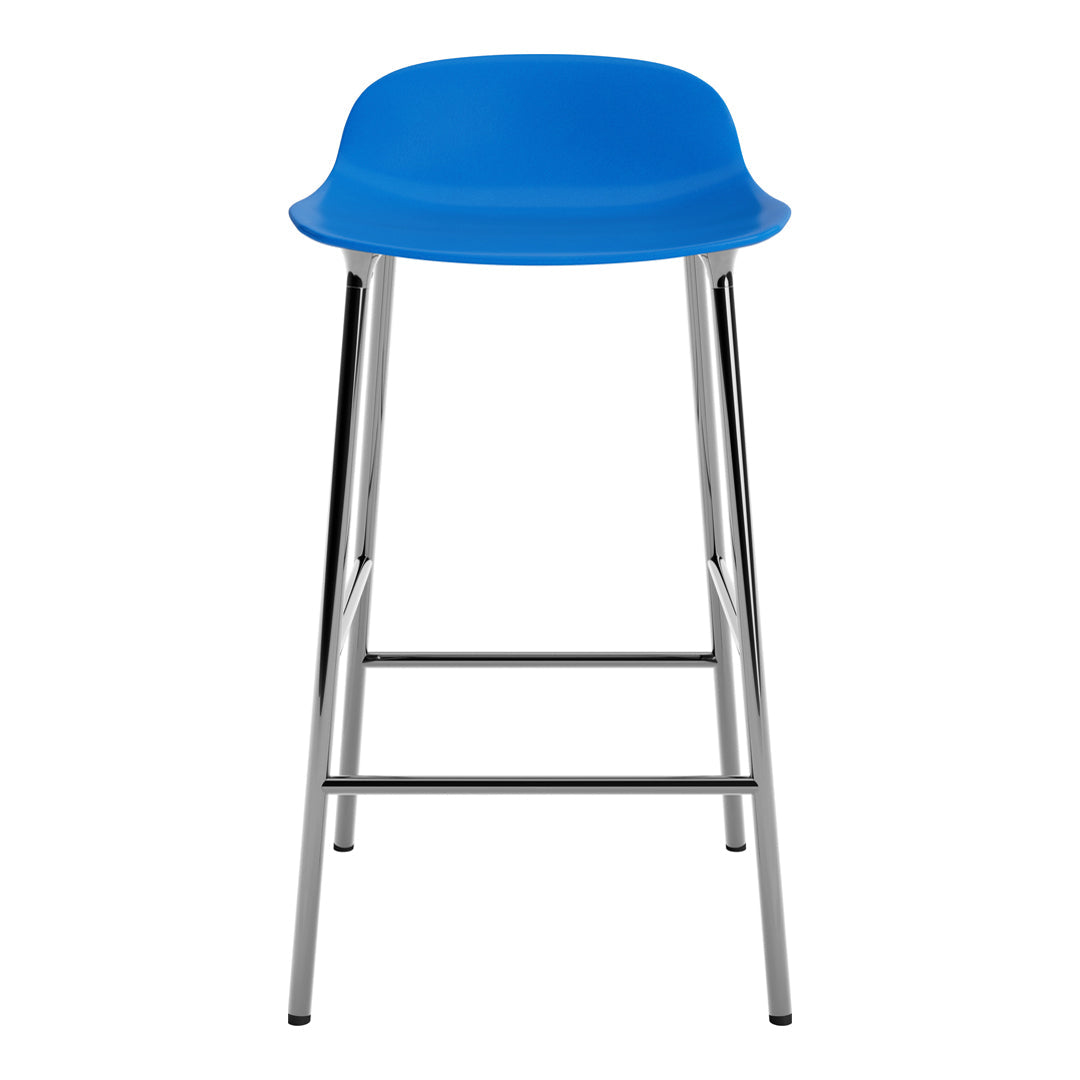 Bright blue bar stool with a smooth, curved seat and sleek chrome legs, perfect for modern decor.
