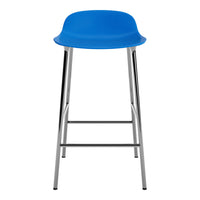 Bright blue bar stool with a smooth, curved seat and sleek chrome legs, perfect for modern decor.
