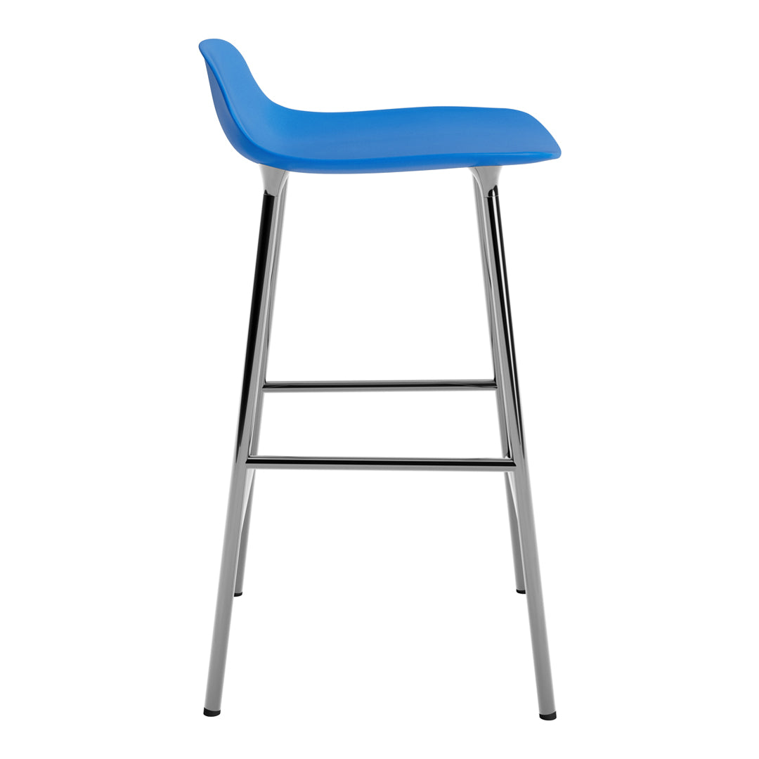 Bright blue bar stool with a sleek chrome frame, featuring a minimalist design for modern decor.
