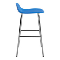 Bright blue bar stool with a sleek chrome frame, featuring a minimalist design for modern decor.