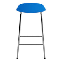 Blue countertop stool with a smooth, minimalist design and shiny chrome legs, perfect for modern spaces.