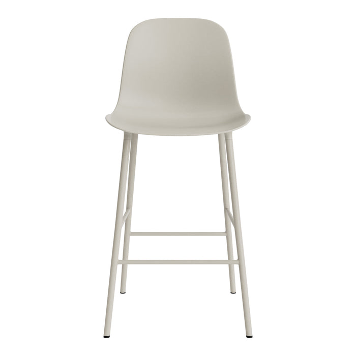 Light gray minimalist bar stool with a smooth finish and sleek white legs, perfect for modern decor.