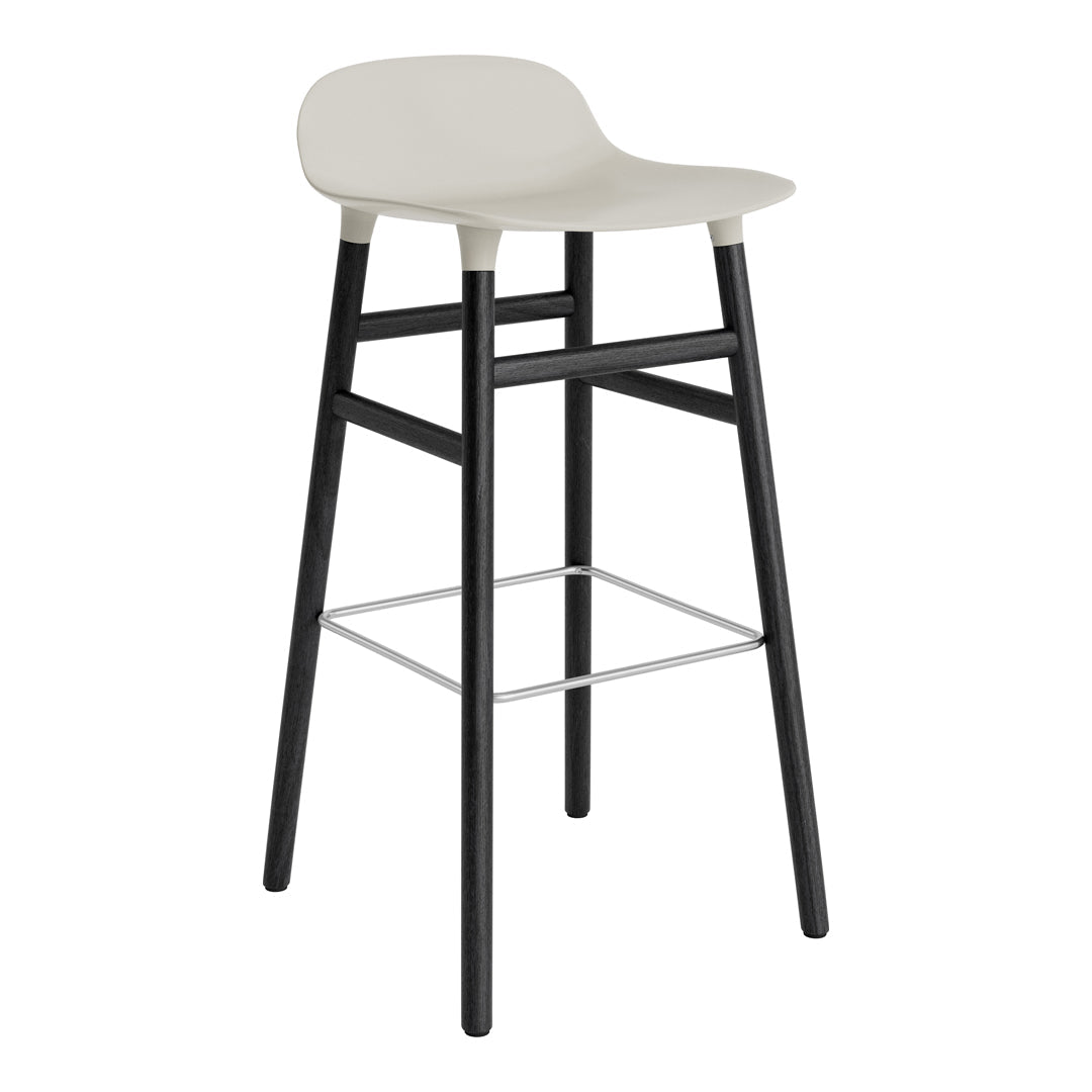 Modern bar stool with a light beige seat and black wooden legs, featuring a sleek minimalist design.
