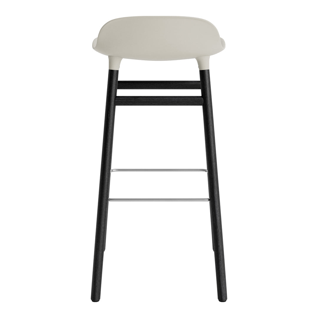 Modern bar stool featuring a sleek gray seat and contrasting black legs with a minimalist design.
