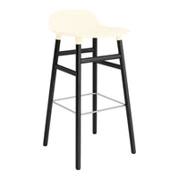 "Modern bar stool featuring an ivory seat, black legs, and a sleek silver footrest."