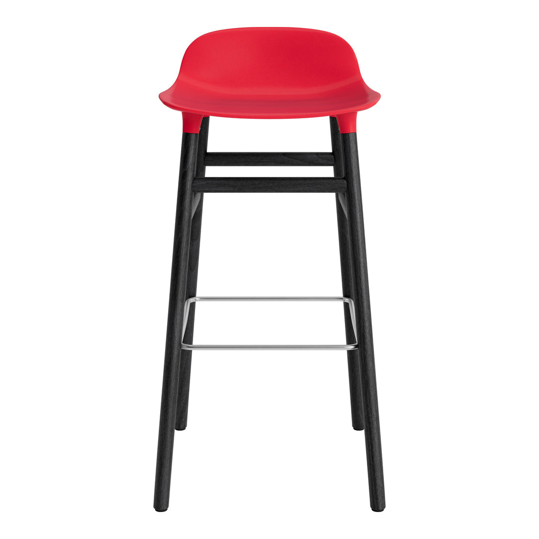 Red plastic bar stool with a sleek black metal frame and minimalistic design, perfect for modern interiors.