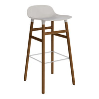 White bar stool with a sleek design and natural wooden legs, featuring a minimalist aesthetic and clean lines.