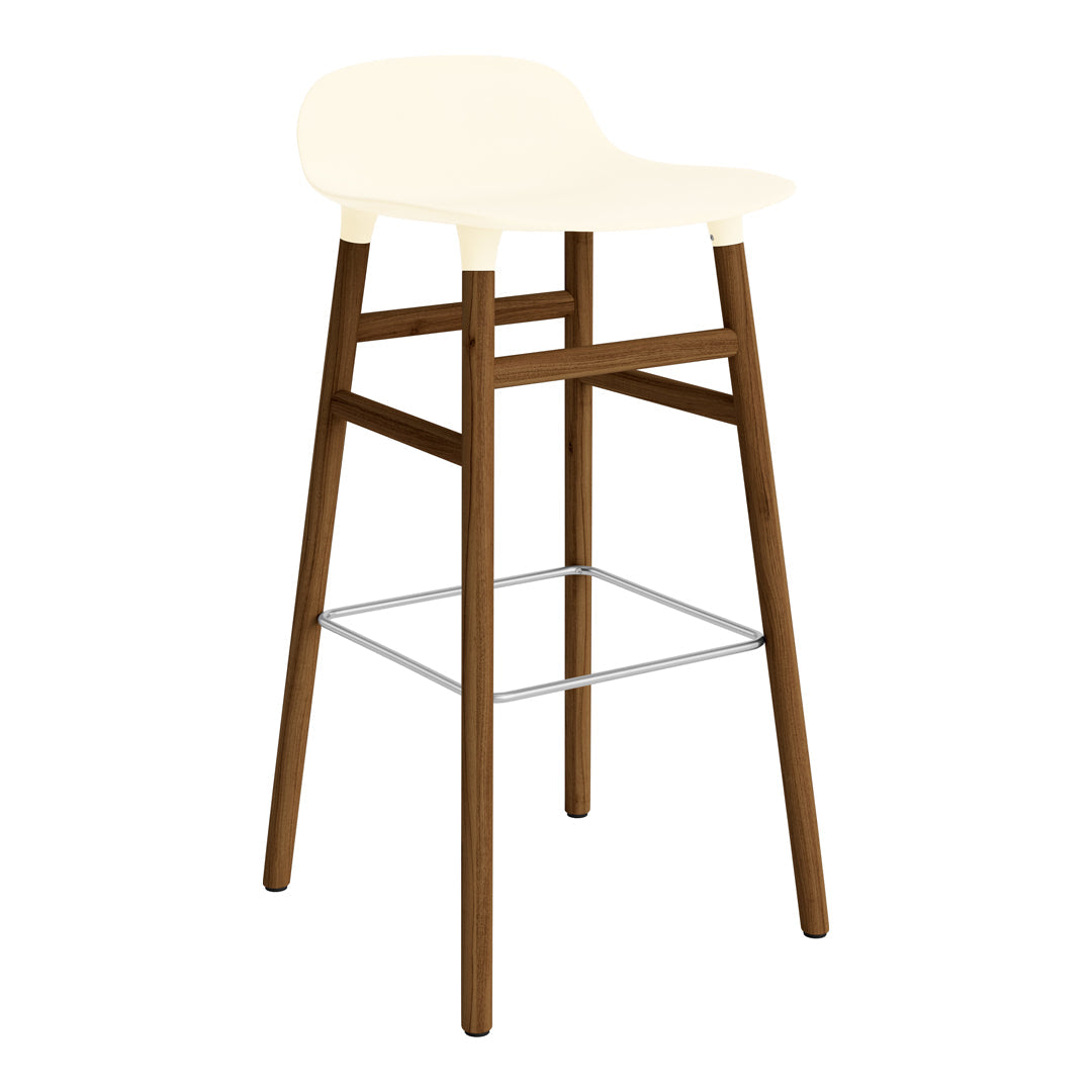 Cream-colored bar stool with a natural wood frame and silver footrest, featuring a sleek, modern design.