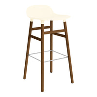 Cream-colored bar stool with a natural wood frame and silver footrest, featuring a sleek, modern design.