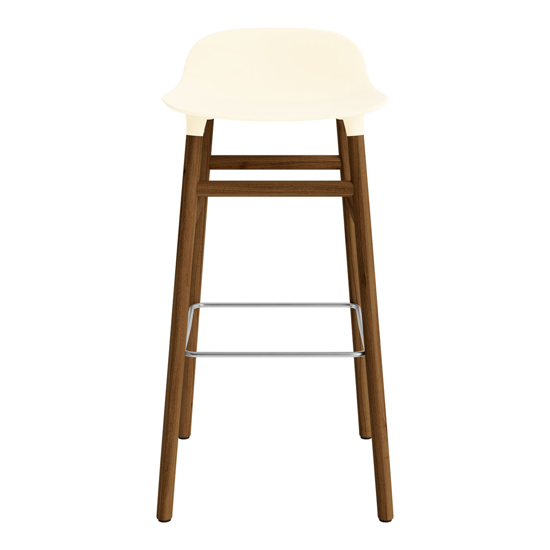 Cream-colored seat on a brown wooden frame with a silver footrest, featuring a sleek modern design.