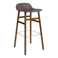 Brown plastic seat bar stool with natural wood legs and a sleek, minimalist design.