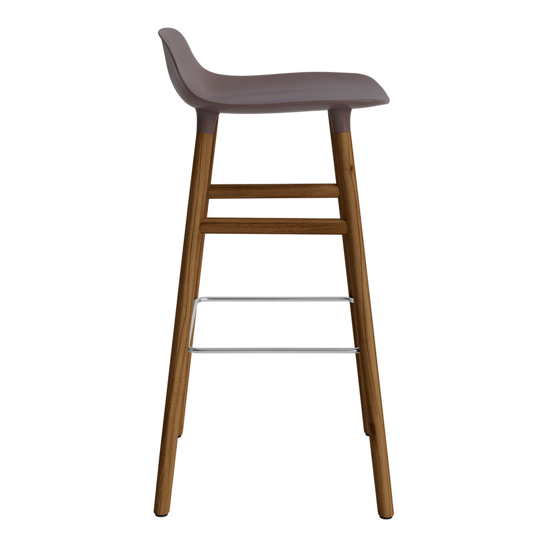 Modern bar stool with a smooth gray seat and natural wood legs, featuring a sleek, minimalist design.