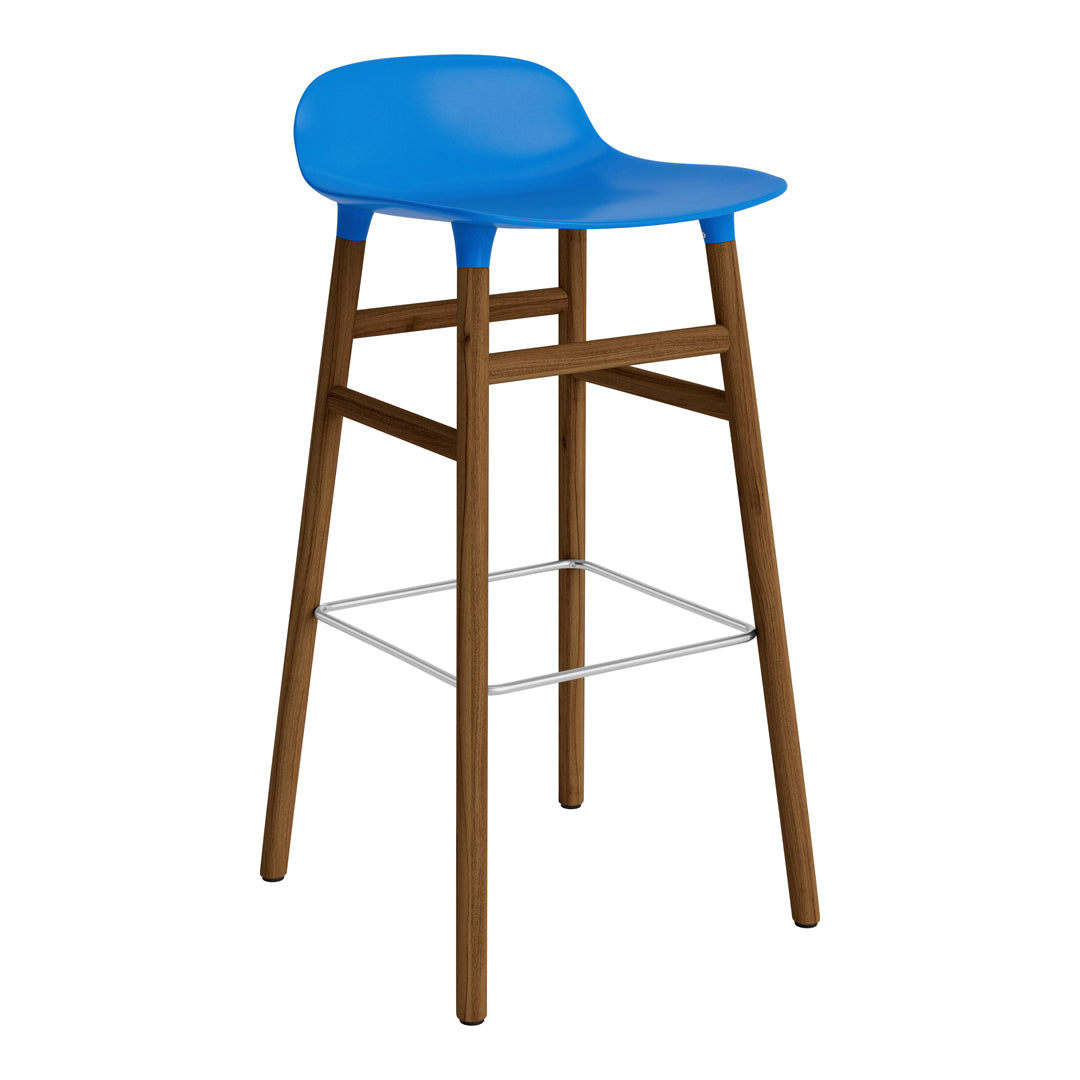 Blue plastic seat bar stool with wooden legs and a silver footrest. Stylish and modern design for any space.
