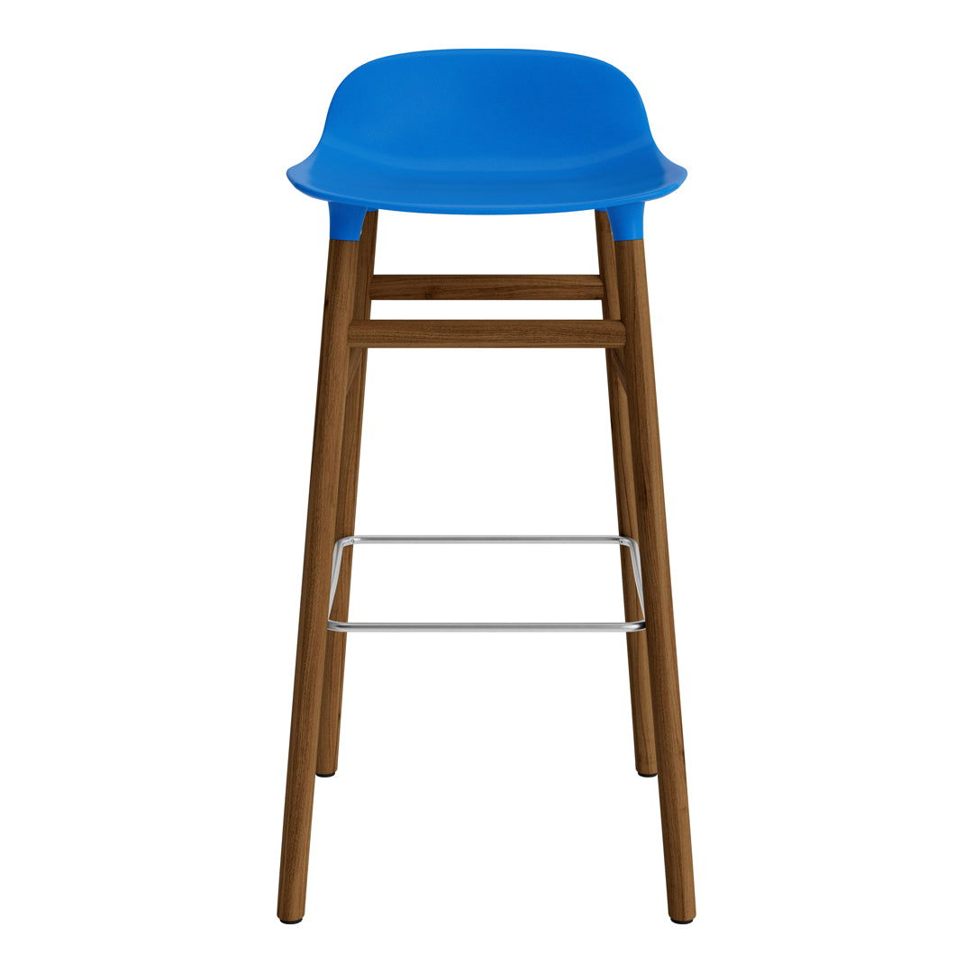 Blue plastic seat bar stool with classic wooden legs and silver footrest, creating a modern, stylish design.