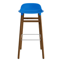 Blue plastic seat bar stool with classic wooden legs and silver footrest, creating a modern, stylish design.
