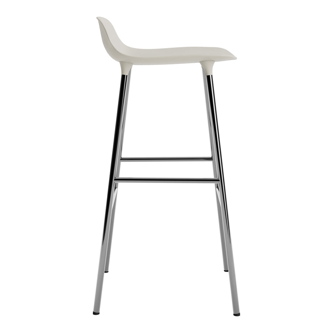 Modern white bar stool with a sleek chrome frame, featuring a minimalist design and smooth surface.