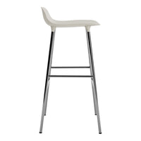 Modern white bar stool with a sleek chrome frame, featuring a minimalist design and smooth surface.
