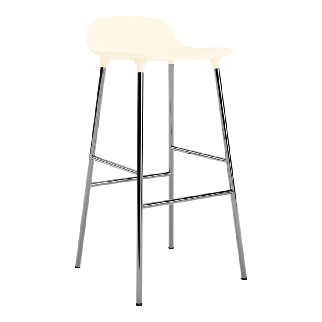 Cream-colored bar stool with a sleek chrome frame, featuring a minimalist design and smooth, modern finishes.