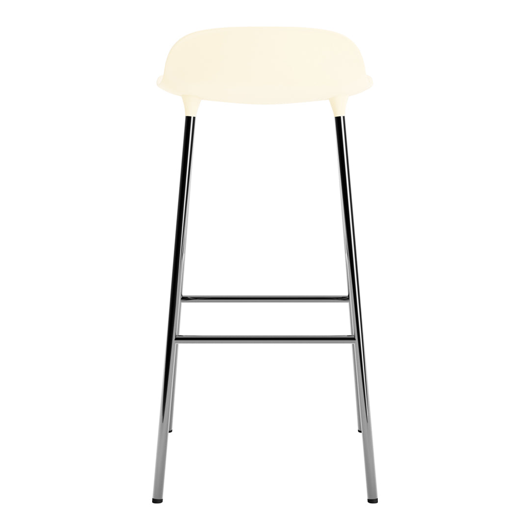 Minimalist cream bar stool with sleek chrome legs and a smooth surface, perfect for modern decor.