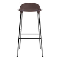 Brown plastic bar stool with sleek chrome legs, featuring a smooth, contemporary design.