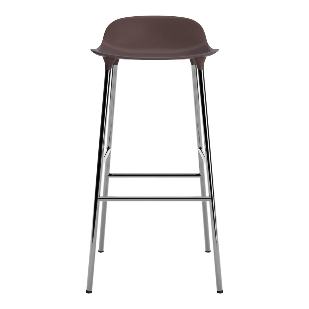 Brown plastic bar stool with sleek chrome legs, featuring a smooth, contemporary design.
