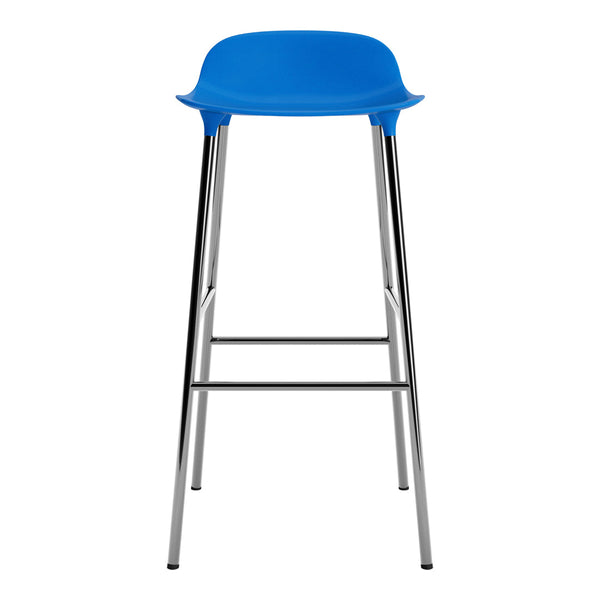 Bright blue bar stool with sleek chrome legs, featuring a smooth, modern design and no visible patterns.