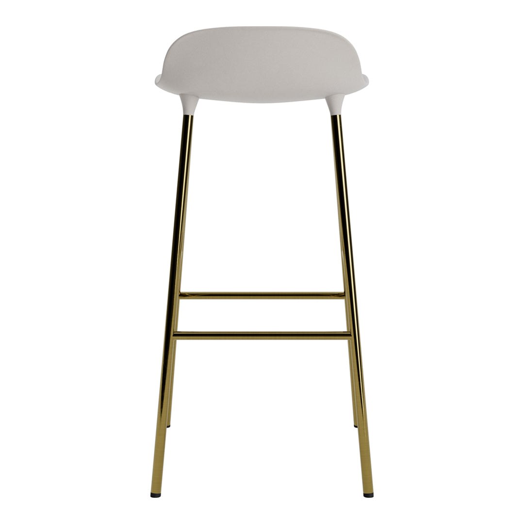 Modern white bar stool with minimalist design and shiny gold legs, perfect for stylish interiors.