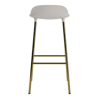 Modern white bar stool with minimalist design and shiny gold legs, perfect for stylish interiors.