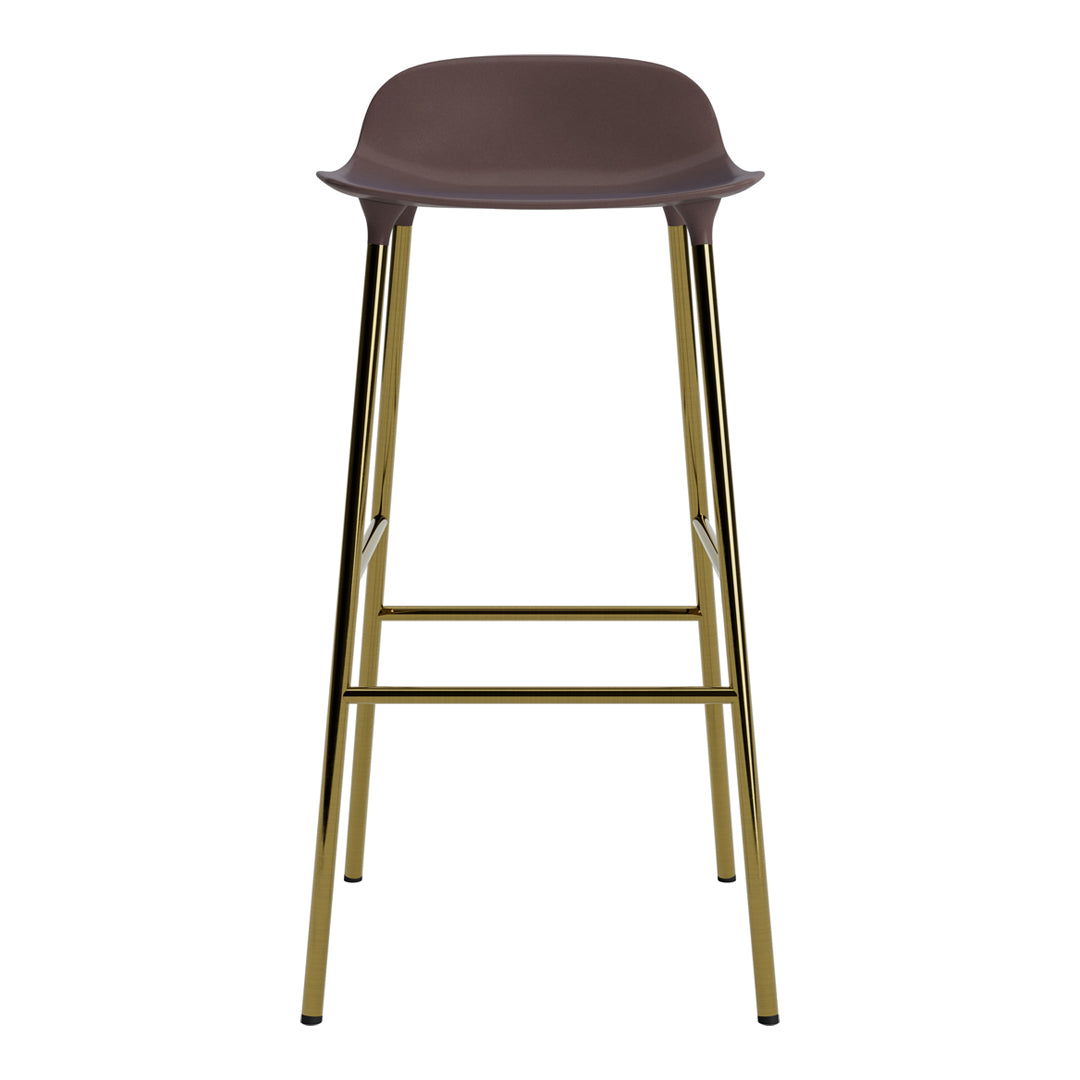 Brown bar stool with a smooth, curved seat and sleek gold metal legs for a modern aesthetic.
