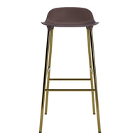 Brown bar stool with a smooth, curved seat and sleek gold metal legs for a modern aesthetic.
