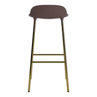 Brown bar stool with a smooth, curved seat and sleek gold metal legs. Minimalist design with elegant color contrast.