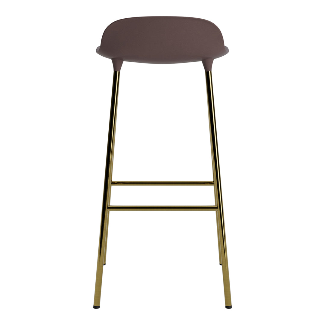 Brown bar stool with a smooth, curved seat and sleek gold metal legs. Minimalist design with elegant color contrast.