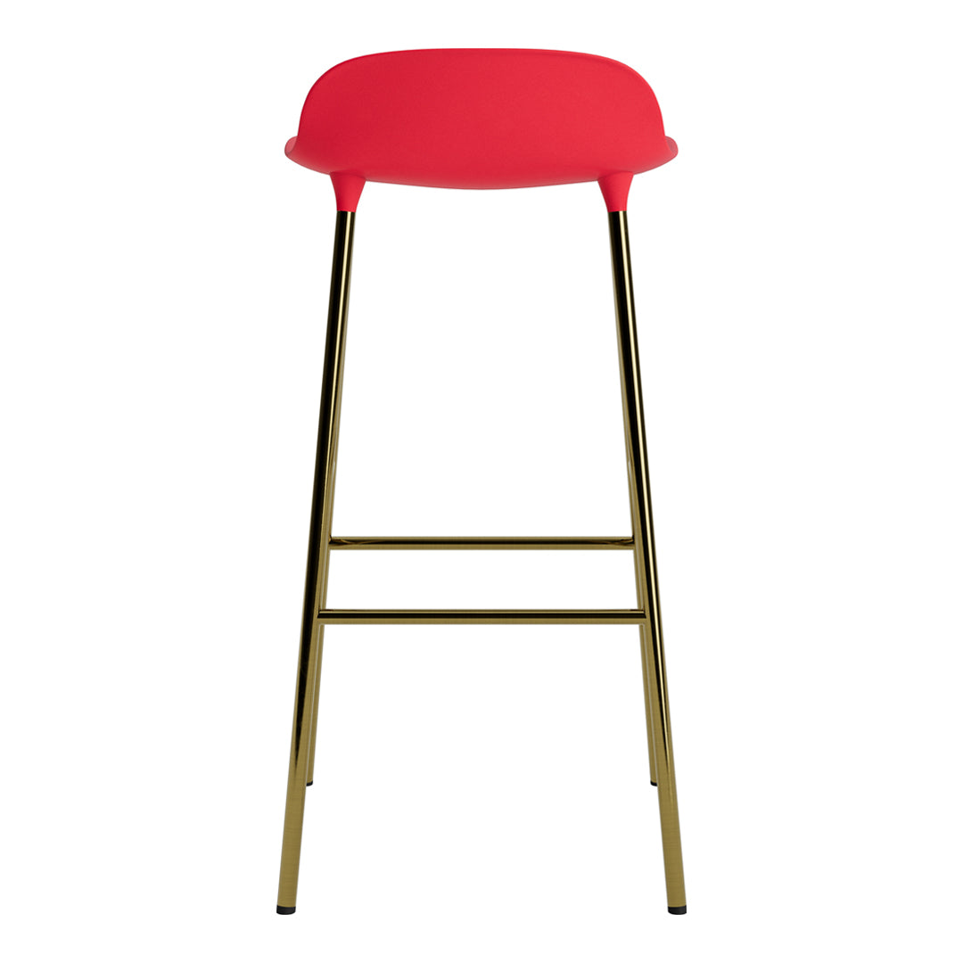 Red bar stool with a smooth, curved seat and sleek gold legs, perfect for modern decor.