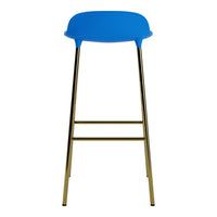 Blue bar stool with a smooth, curved seat and shiny gold legs, perfect for modern decor.