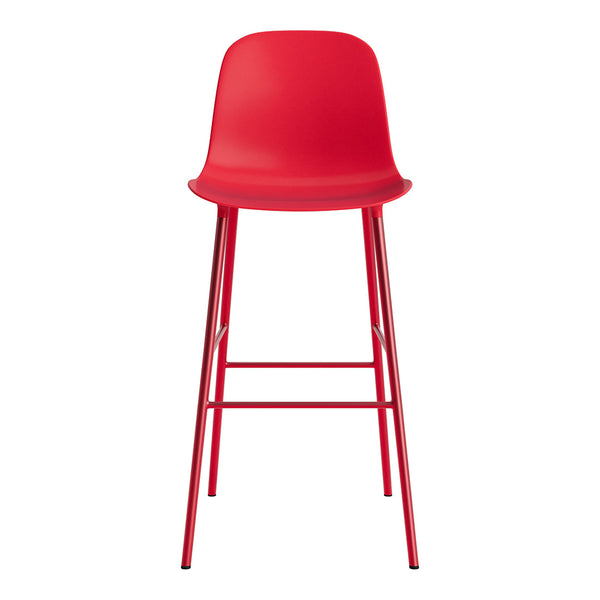 Bright red bar stool with a smooth, curved seat and sleek metal legs, perfect for adding a pop of color to any space.