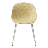 Stylish yellow chair with a smooth finish and light metal legs, featuring a subtle textured pattern.
