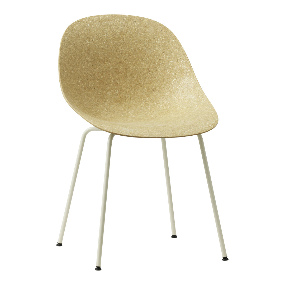 Elegant beige chair with a textured finish and sleek white metal legs, perfect for modern decor.