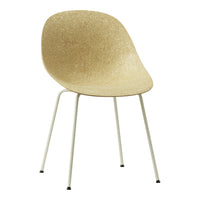 Elegant beige chair with a textured finish and sleek white metal legs, perfect for modern decor.