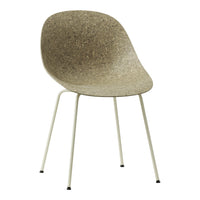 Light brown sculpted chair with a speckled texture and slender white metal legs. Ideal for modern decor.