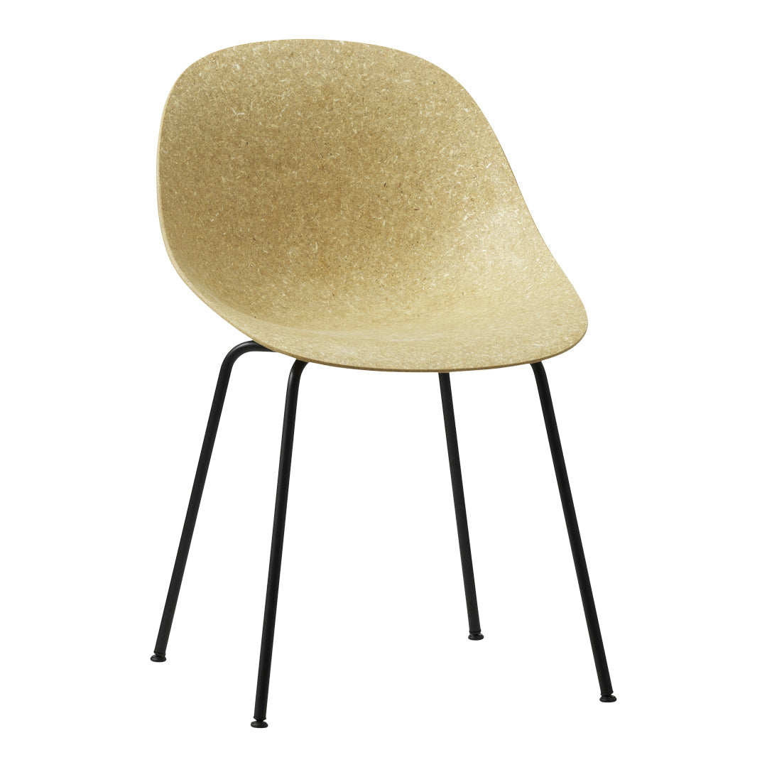 Stylish chair in a smooth, golden hue with a textured finish and sleek black legs. Perfect for modern decor.