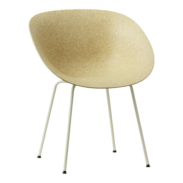 Beige textured chair with a smooth, rounded seat and minimalist white metal legs. Versatile modern design for any space.