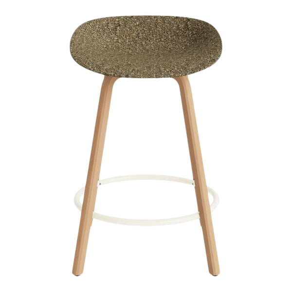 Stylish bar stool with a textured olive green seat and light wood legs, perfect for modern decor.