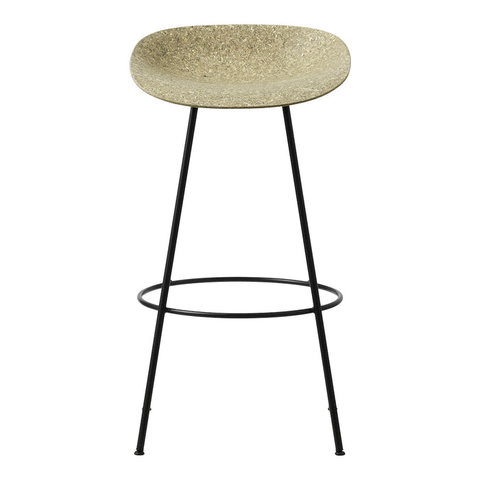 Beige speckled seat on black metal legs, minimalist design, perfect for modern décor.