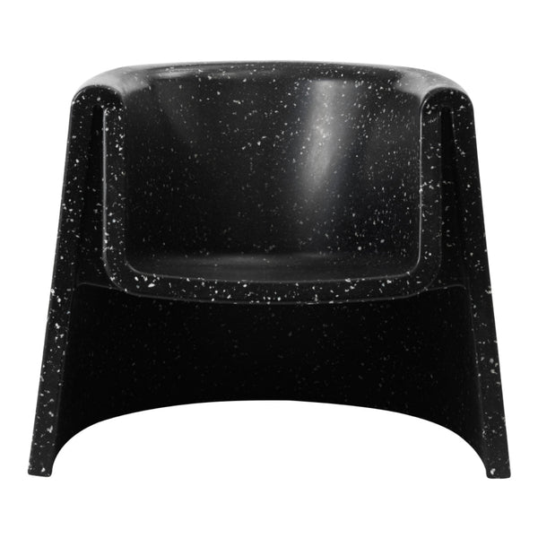 Black armchair with a speckled pattern, featuring a smooth, modern design. Perfect for contemporary interiors.