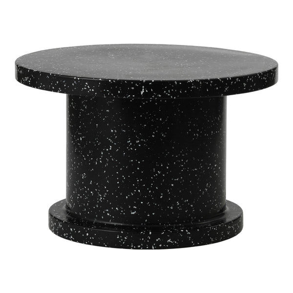 Round black table featuring a speckled pattern for a modern, minimalist look. Ideal for contemporary decor.