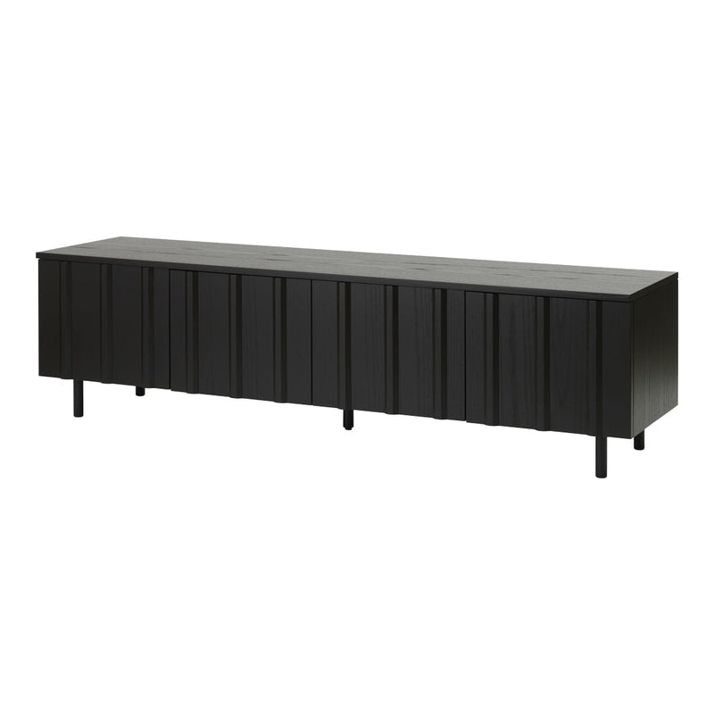 Sleek black storage cabinet with horizontal paneling and minimalistic design, perfect for modern interiors.