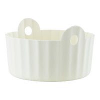 White textured storage basket with ribbed pattern and handles, perfect for home organization.