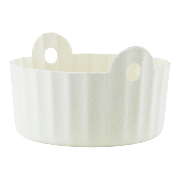 White textured storage basket with ribbed pattern and handles, perfect for home organization.