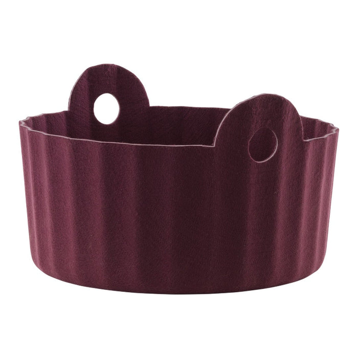 Burgundy storage basket with ribbed texture and two side holes for easy handling. Ideal for stylish organization.